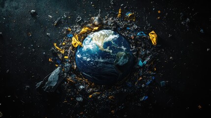 Wall Mural - Artistic representation of Earth as trash surrounded by debris on a dark black background, highlighting ecological problems.
