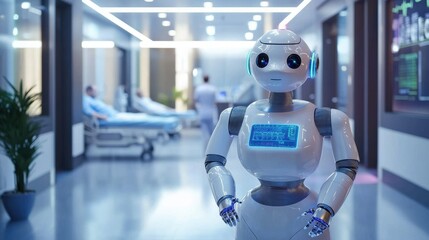 Poster - advanced robot assisting patients in a futuristic healthcare environment with modern technology