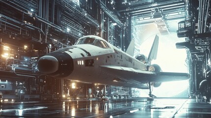 Poster - Futuristic spacecraft in a high-tech launch bay preparing for an advanced space mission in a digital landscape