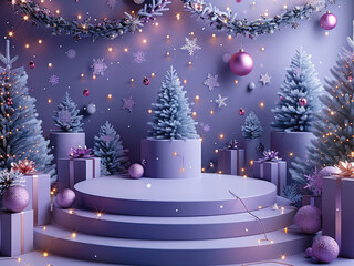 Poster - Purple and blue background with snowflakes falling from the sky. In the centre is an empty circular podium, surrounded by Christmas trees, gift boxes, glowing garlands and other Christmas elements.