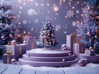 Poster - Purple and blue background with snowflakes falling from the sky. In the centre is an empty circular podium, surrounded by Christmas trees, gift boxes, glowing garlands and other Christmas elements.
