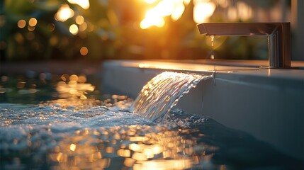 Poster - An outdoor faucet with water flowing into a modern water basin, golden light reflecting off the water surface.