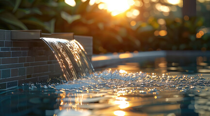 Poster - An outdoor faucet with water flowing into a modern water basin, golden light reflecting off the water surface.