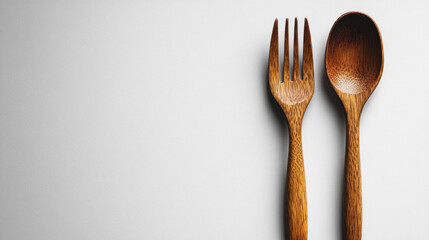 Wall Mural - Wooden spoon and fork on white background.