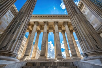 Poster - Majestic interior of a historic building with tall columns, grand entrance doors, and sunlight streaming through the skylight at midday