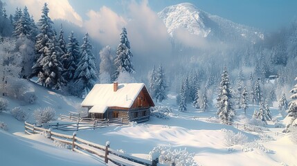 Poster - A snowy landscape with an old wooden house nestled among tall pine trees, surrounded by snow-covered ground and a fence in the foreground.