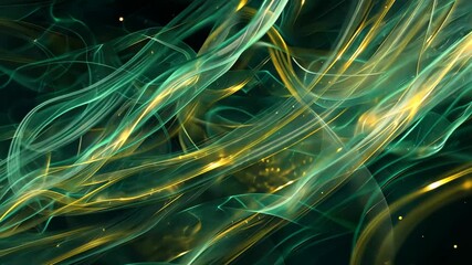 Poster - Vibrant swirls of green and gold intertwine, producing an ethereal effect with sparkling particles that create a mesmerizing and dynamic backdrop.