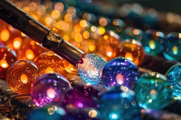 Poster - Glass beads being created with precision as bright colors illuminate the workspace during an artistic demonstration in a glassblowing studio
