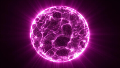 Wall Mural - neon pink energy sphere of particles and waves of magical glowing. abstract round shape.
