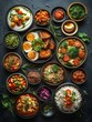 © visoot - Many different vegetarian dishes, top-down view.