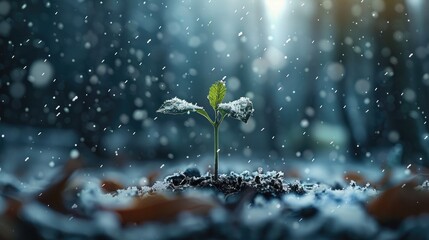 Poster - A small plant growing in a forest. snow is falling.