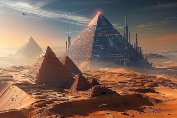 Poster - Distant futuristic cityscape with pyramids in the desert under a starry sky at sunset, highlighting ancient architecture and advanced technology