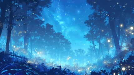 Aufkleber - Mystical forest filled with glowing fireflies and soft blue light creating an enchanting atmosphere during twilight