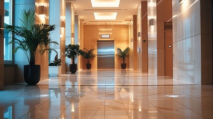 Poster - A fancy corporate lobby with an elevator.