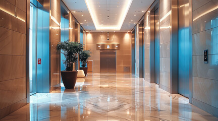 Poster - A fancy corporate lobby with an elevator.