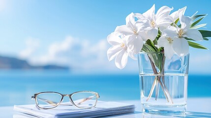 Canvas Print - White flowers in glass vase, glasses, book by ocean.