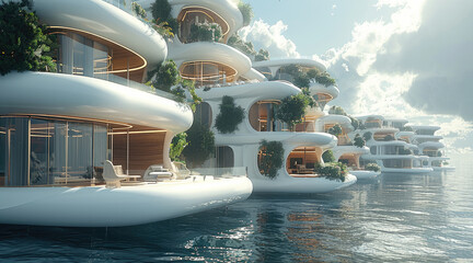 Poster - Walkway perspective of floating city on the ocean, with Modern urban architecture featuring multiple interconnected buildings.