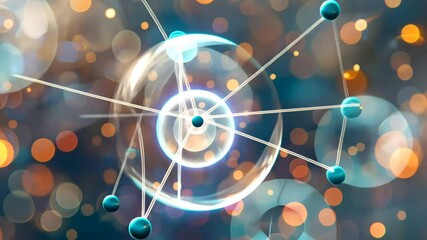 Poster - This vibrant illustration showcases an atom, featuring orbiting electrons around a central nucleus amidst a backdrop of soft, colorful bokeh lights.