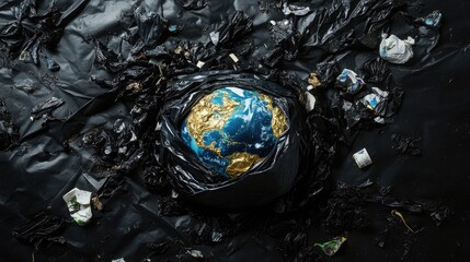 Wall Mural - Planet Earth wrapped in waste materials, lying on a black background, symbolizing pollution and environmental neglect.