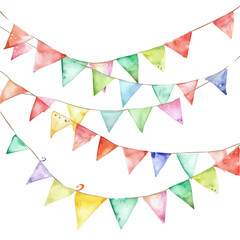 A watercolor vector of a colorful string of tropical bunting, isolated on a white background. Colorful string of tropical bunting vector.
