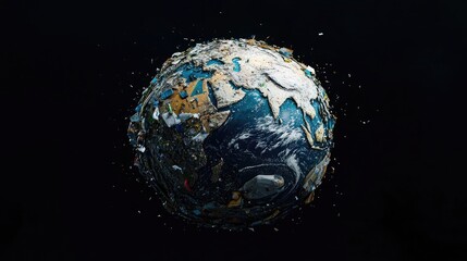 Wall Mural - Trash-themed Planet Earth against a black void, illustrating the pressing issue of environmental damage and global waste.