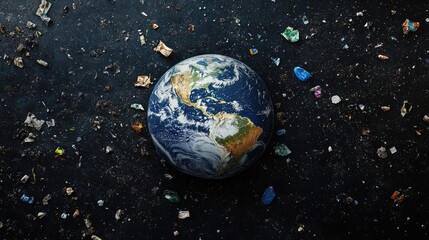 Wall Mural - Trash-themed Planet Earth against a black void, illustrating the pressing issue of environmental damage and global waste.