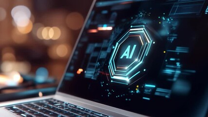 A close-up view of a laptop displaying innovative artificial intelligence graphics in a dynamic and high-tech environment