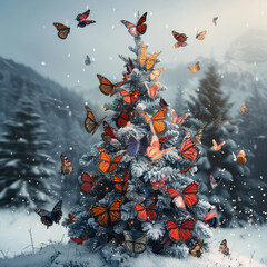 Wall Mural - Christmas tree of butterflies in mountains with falling snow.