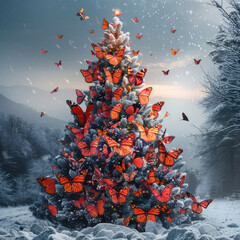 Poster - Christmas tree of butterflies in mountains with falling snow.