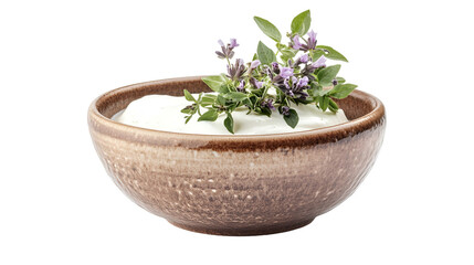 Wall Mural - Creamy Herb Dip in Rustic Brown Bowl with Thyme