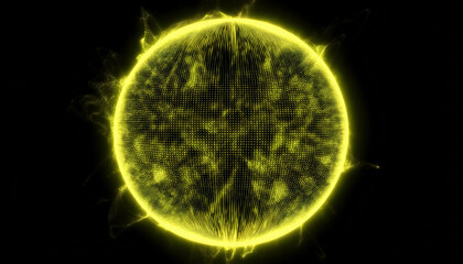 Wall Mural - neon yellow energy sphere of particles and waves of magical glowing. abstract round shape.