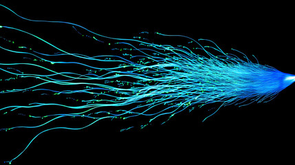 Poster - Abstract image of vibrant blue and green light trails streaking across a black background, resembling a comet's tail or data stream.  Dynamic and energetic.