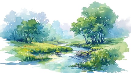 Wall Mural - Serene river winding through lush greenery with butterflies fluttering in a tranquil natural landscape during early morning light