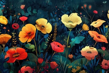 Poster - Vibrant garden filled with colorful flowers in a lush setting during a bright day
