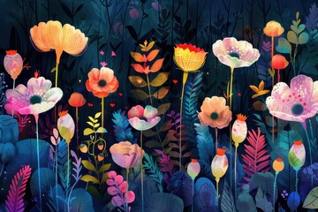 Poster - Vibrant garden filled with colorful flowers in a lush setting during a bright day