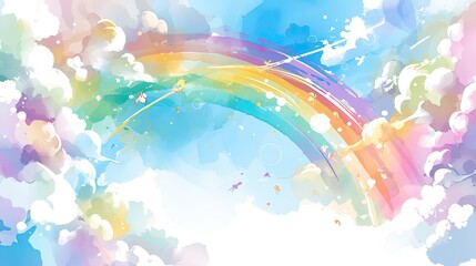 Poster - Vibrant rainbow arcs across a bright blue sky filled with fluffy clouds and twinkling stars during a serene daytime atmosphere