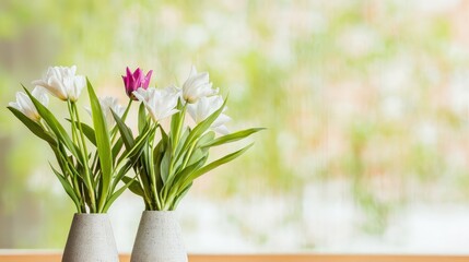 Wall Mural - White and purple tulips in grey vases.