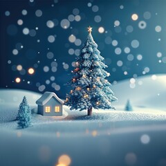 Aufkleber - a Christmas atmosphere, a Christmas tree, and this 3D rendering features a blue background with snowflakes falling.