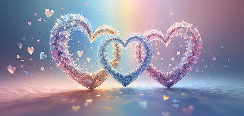Poster - Three shimmering hearts created from crystal stand together, radiating sparkling light. A soft spectrum of colors illuminates the background, enhancing the romantic atmosphere
