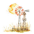 © Farzan - A watercolor vector of a farm windmill under a blazing summer sun, isolated on a white background. Farm windmill summer sun vector.