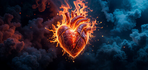 Poster - A fiery heart is engulfed in flames, set against a backdrop of dark clouds, symbolizing intense emotion and passion. The lighting creates a dramatic atmosphere