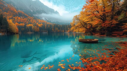 Poster - A beautiful turquoise lake surrounded by autumn foliage, reflecting the vibrant colors of nature.