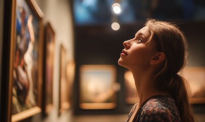 Wall Mural - Woman looking at a painting in a gallery, her expression filled with awe and admiration, soft spotlight on her face, blurred artworks in the distance, .