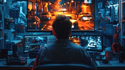 Poster - A Professional is working on his office desk. The background environment is a gaming scene from a racing car.