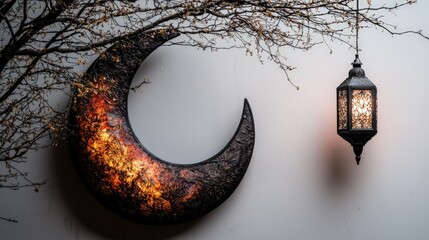 Wall Mural - Illuminated crescent moon and lantern.