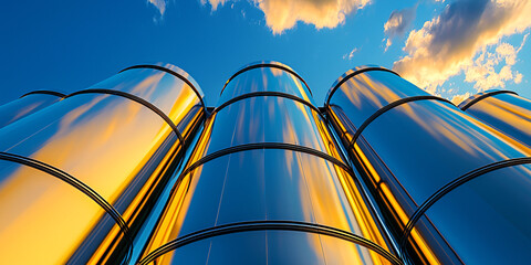 Wall Mural - A detailed perspective of oil refinery plant storage tanks, showing the texture of metal, with clear reflections of the surrounding structures. 