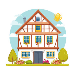 Half-timbered house vector illustration. Traditional german architectural vintage building.