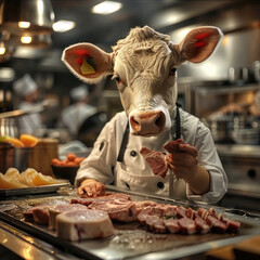 Poster - A cow in the form of a chef cooks in a restaurant and cuts meat slices.