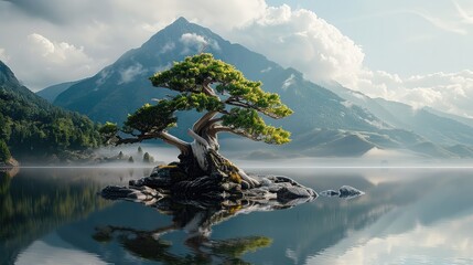 Poster - Bonsai trees delicately balanced on the shore of a mountain lake, with their shapes and forms enhanced by the reflection in the water.