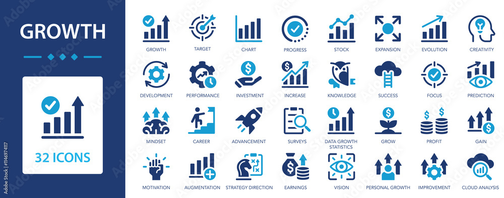 Growth icon set. Growth and Success symbol collction. Grow, performance ...